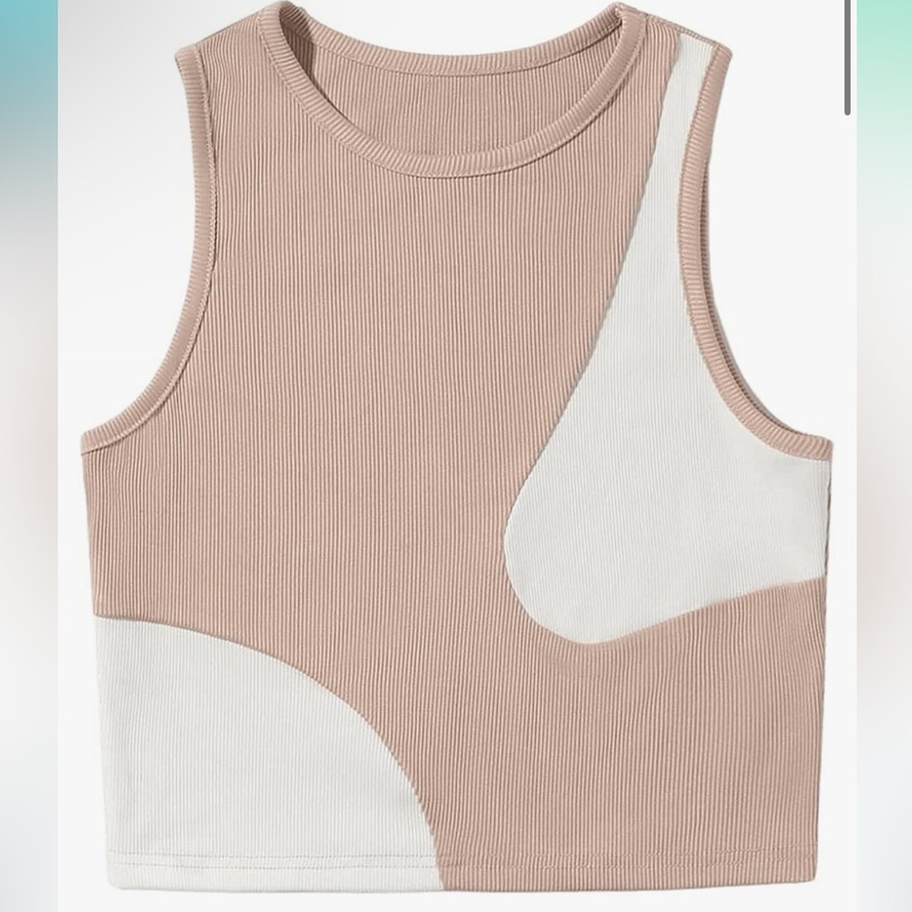 Women's Color Block Round Neck Sleeveless Ribbed Crop Tank Top Khaki White